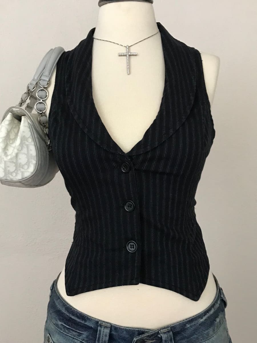 American Vintage Striped Sexy Sleeveless Vest Shirt Summer Black Fitted Crop Top