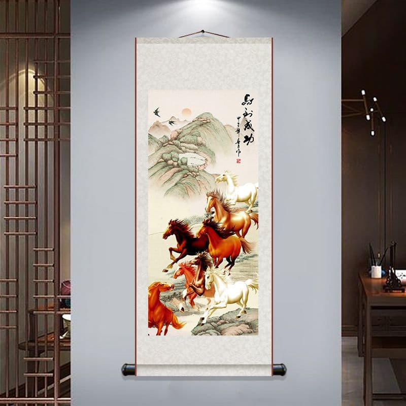 "Success Upon Arrival" painting, "Eight Horses" calligraphy and painting, Chinese style painting for living room decoration, Chinese style scroll painting for entryway hanging.
