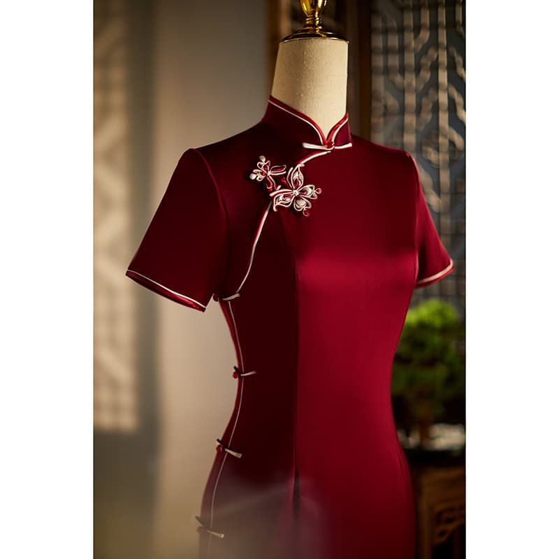 Wine Red Cheongsam Wedding Reception Dress for Bride, Summer Mother of the Bride Gown, Elegant Petite