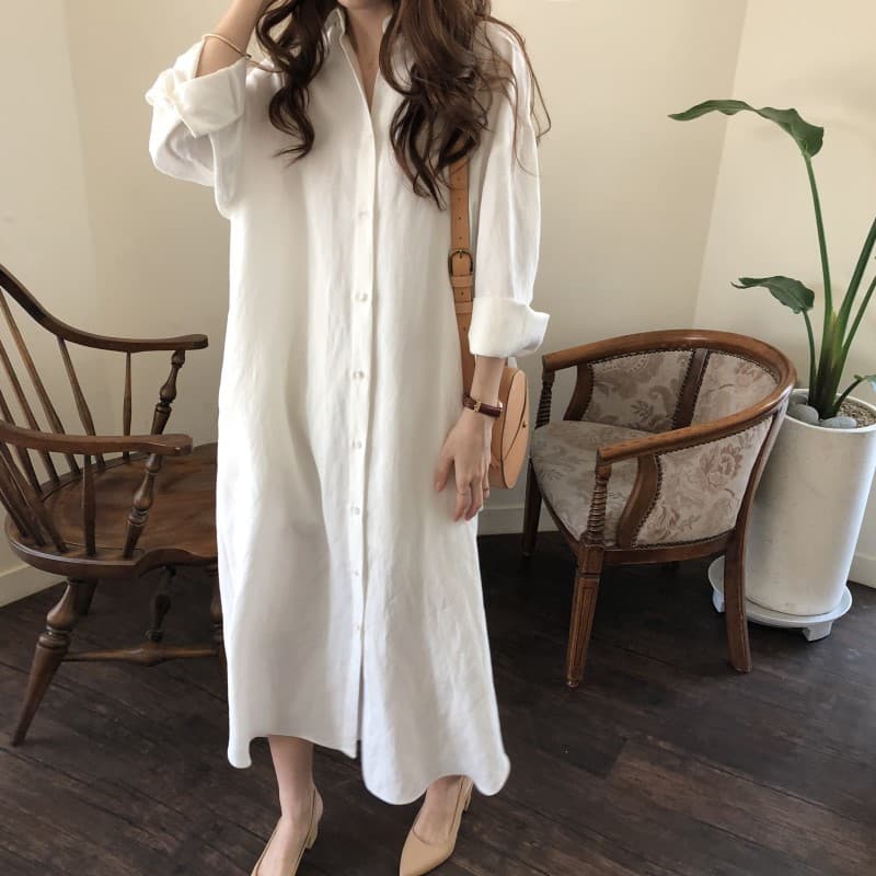 Cotton Linen Sun Protection White Shirt for Women, 2026 Spring/Autumn New Style, Versatile Loose Casual Top, Mid-Length Shirt Dress