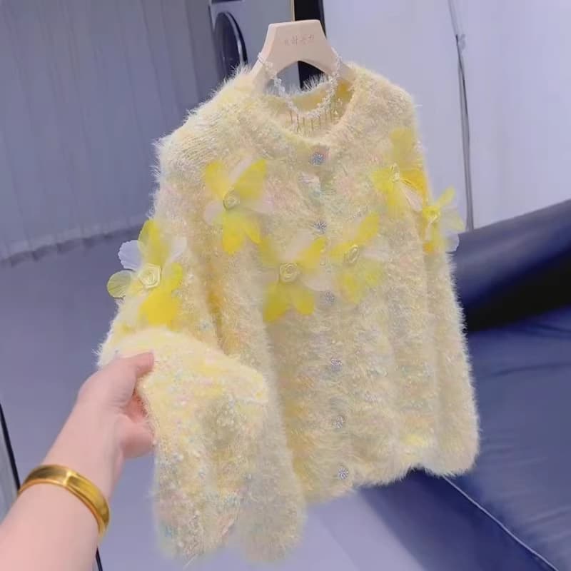 Cozy Soft Yellow 3D Floral Knit Cardigan for Women, Gentle Sweet Youthful Single-Breasted Autumn Winter Sweater