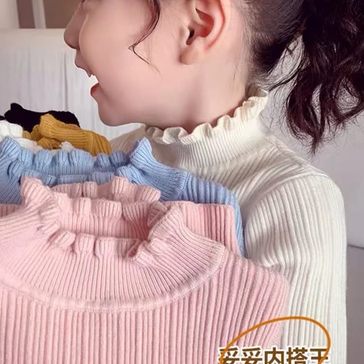 Girls' Pullover Sweater Autumn/Winter with Scalloped Collar, Chic Korean Style Base Shirt, Yarn High-Neck Children's Top
