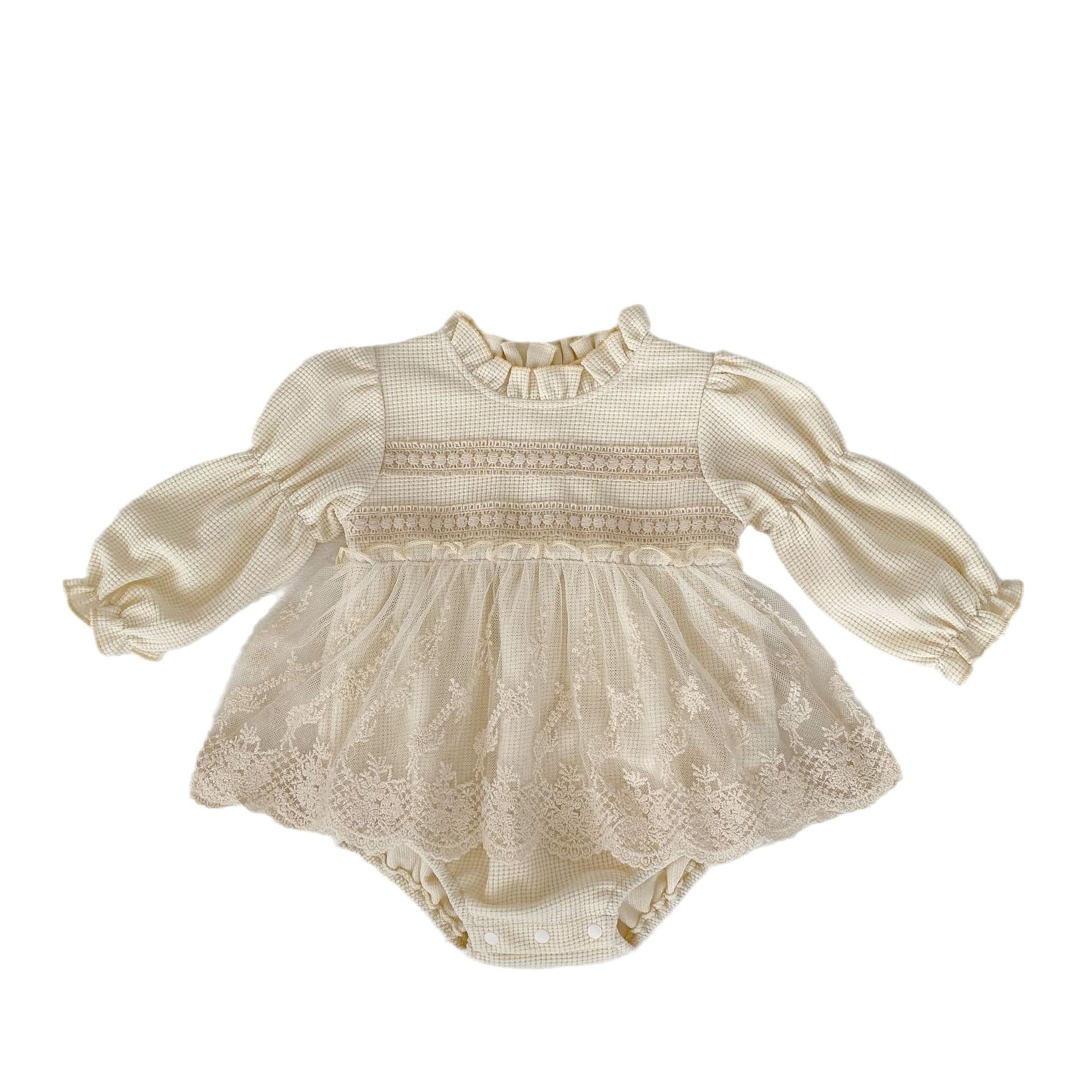 2025 Autumn Infant Girls Waffle Lace Korean Style Small Skirt Hem Long-Sleeve Bodysuit Skirt Jumpsuit