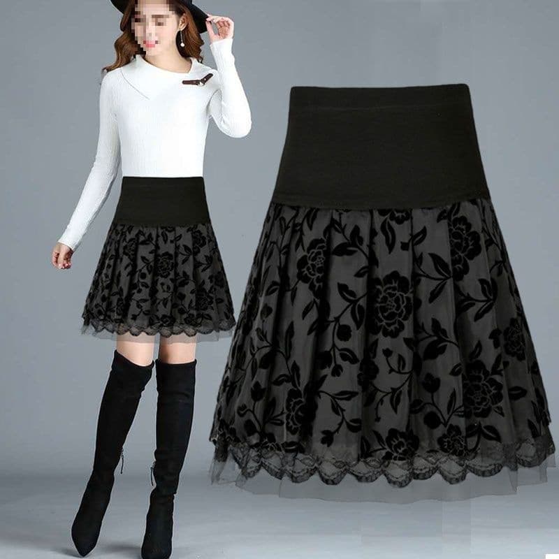 Spring Summer New Mid-Length Half Skirt Women Anti-Slip Elastic High Waist Plus Size Slimming Floral Skirt Puffy Pleated Skirt