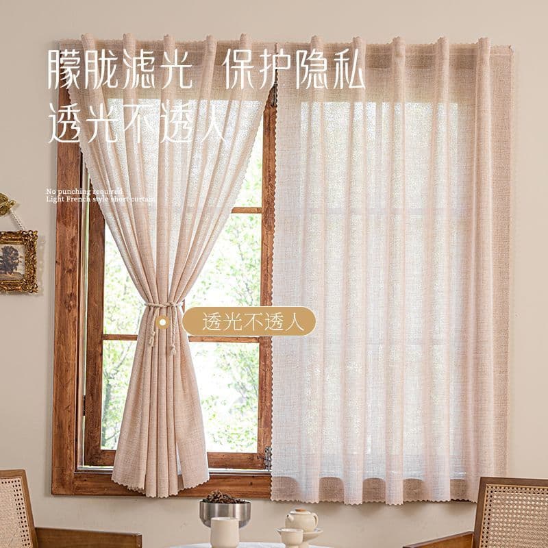 Light-filtering sheer curtains with wooden aesthetic, no-drill adhesive installation, simple design for small windows in living rooms/bedrooms.