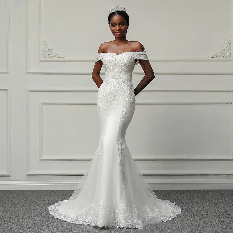 New 2026 Export Wedding Dress African Mermaid Off-Shoulder Series Back Lace-Up Slim Fit Wedding Dress Live Stream Source