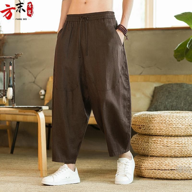 Pure Linen Chinese Style Wide Leg Harem Pants for Men, Summer Loose Casual Trousers, Cropped 9/10 Length