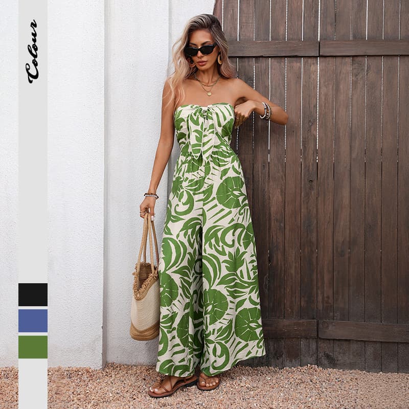 European and American Cross-Border 2026 Summer New Vacation Fresh Style High-Waist Strapless Leaf Print Jumpsuit