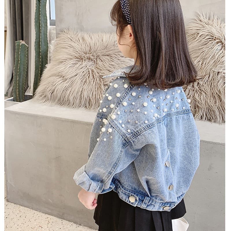 Spring Autumn Pearl Embellished Denim Jacket for Girls Children's Fashion Outerwear Heavy Embroidery Baby Girl's Clothing