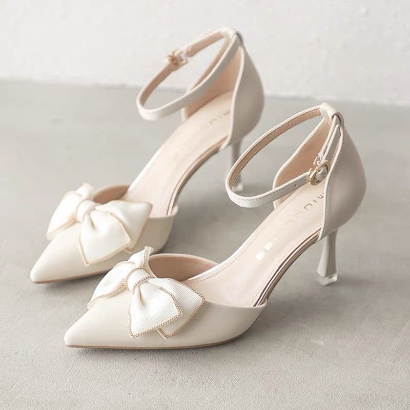 French-style Mid Heel Thin Heel Bow Ballet Flats 2024 Summer New Fairy Shoes Gentle with Dress Pointed Toe High Heels for Women