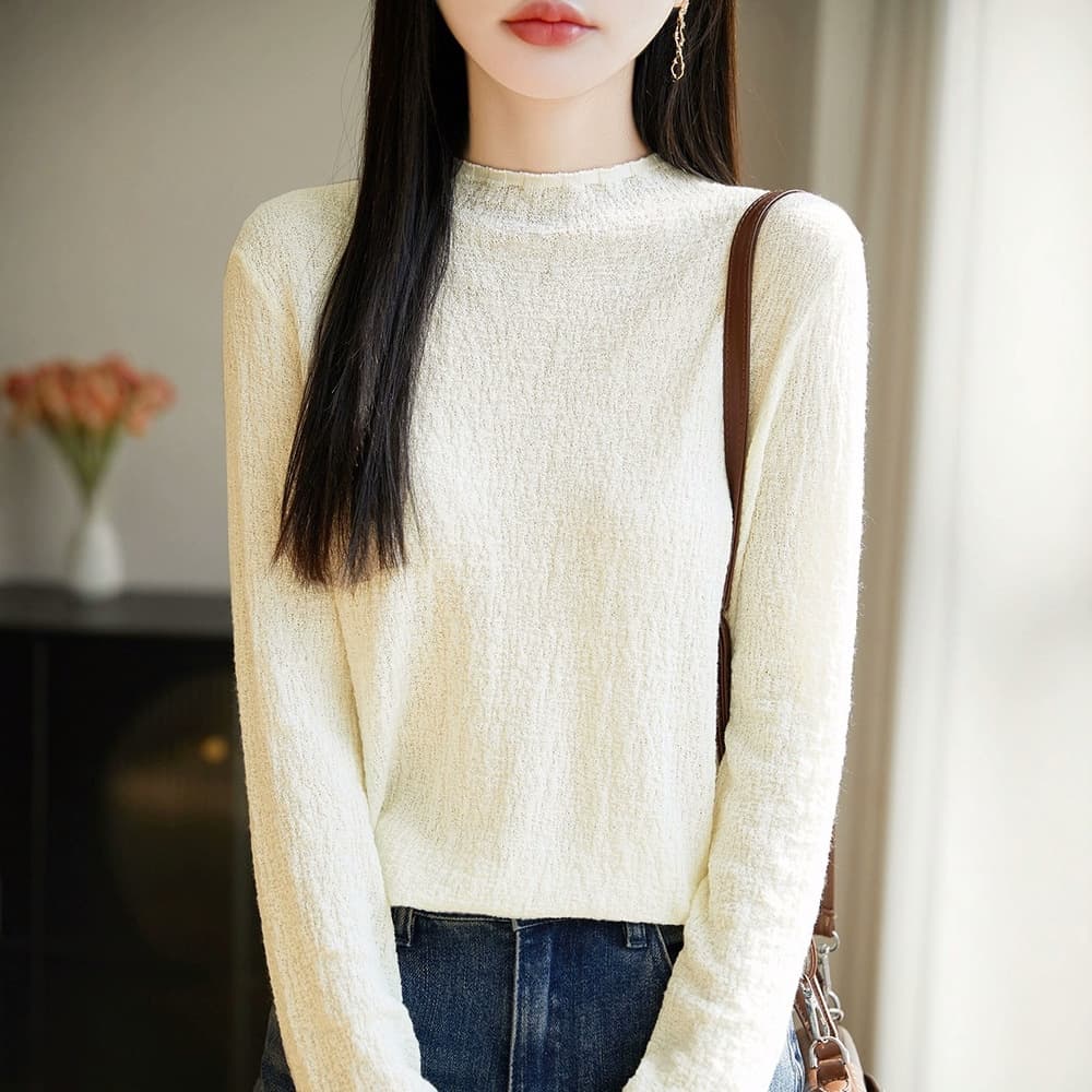 Thin and Breathable Mulberry Silk Wool Blend Long-Sleeved Women's Half Turtleneck Knitted Pullover Bottoming Shirt