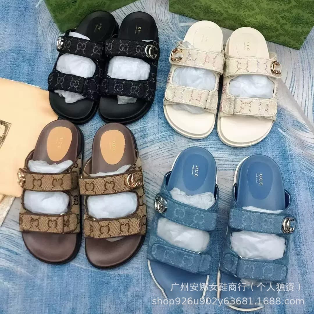 G Home 2024 Summer New Slippers One-Strap Round Toe Velcro Rhinestone Roman Style Outdoor Beach Thick Sole Slides
