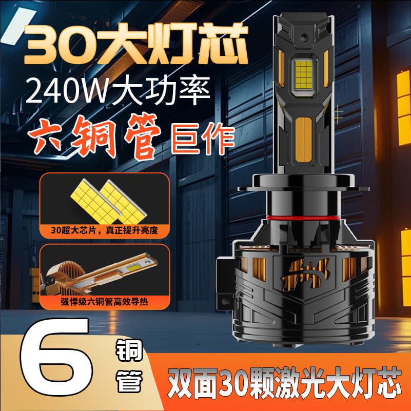Cross-border New R5 High Power Car LED Headlight 240W Six Copper Tube Focused Beam H7 H11 H4 Headlamp