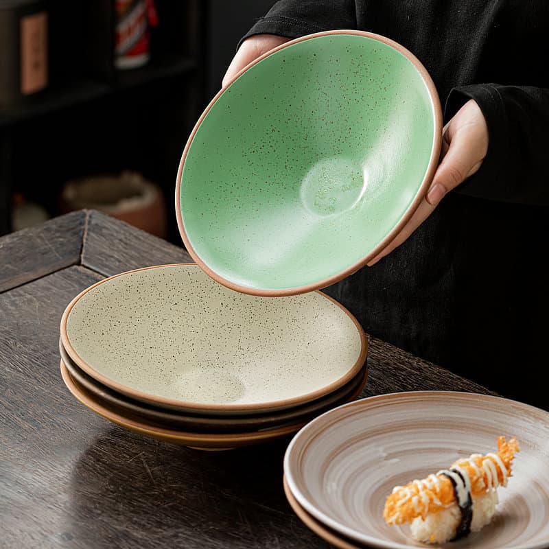 Jiutianshao Retro Coarse Ceramic Plate, Open Large Bamboo Hat Bowl, Hotel Tableware Specialty Dish, Beautiful Serving Bowl for Noodles and Soup