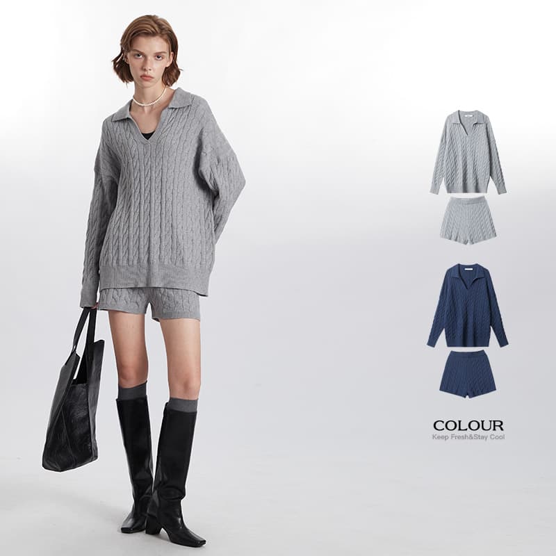 HeyHenry European and American Spring and Autumn New Sweater Set Women's Polo Collar Pullover Twisted Top and Shorts Two-Piece Set