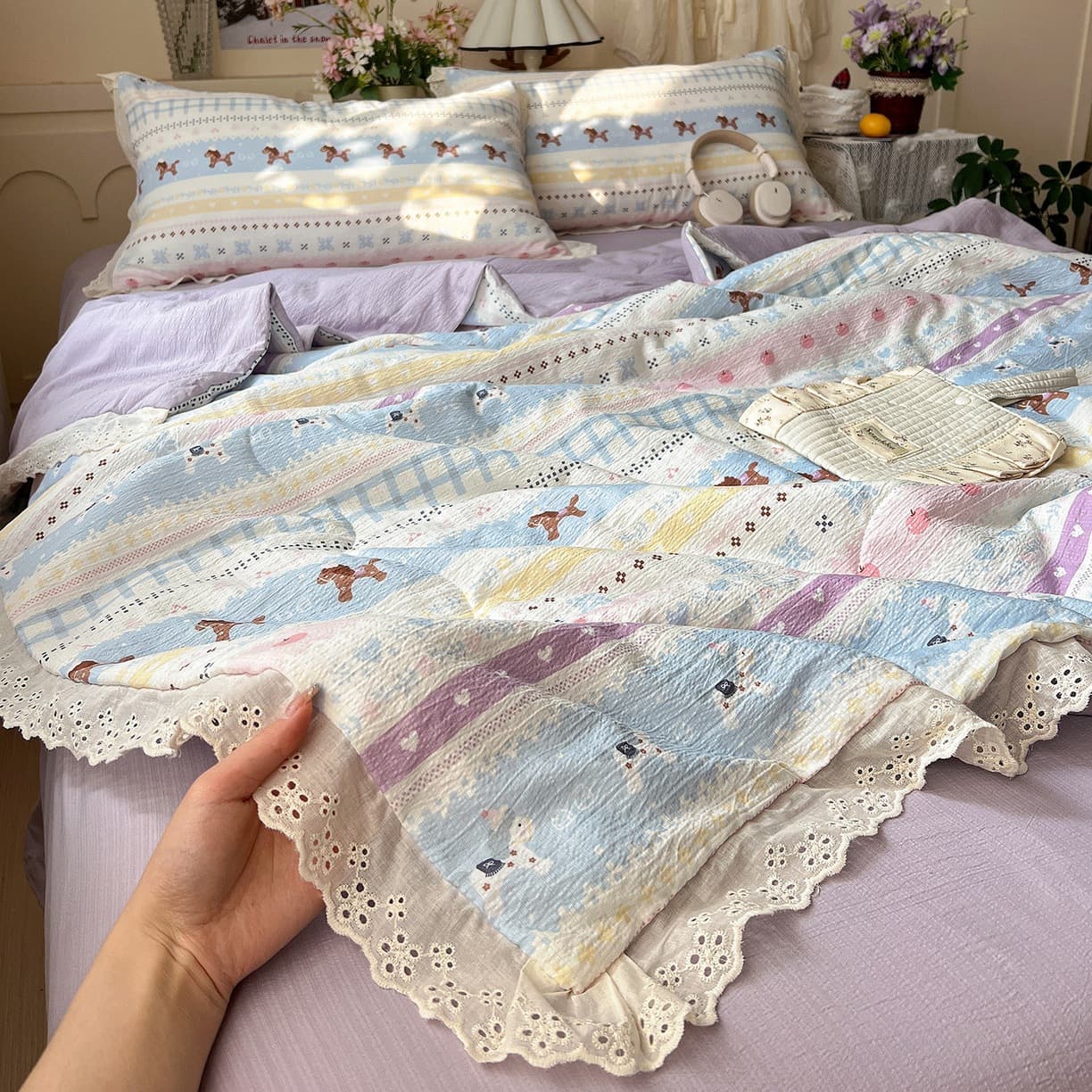Fresh Ruffled Gauze Lace Summer Bedding Set, Machine Washable Lightweight Summer Quilt, Air Conditioning Blanket, Thin Dormitory Blanket