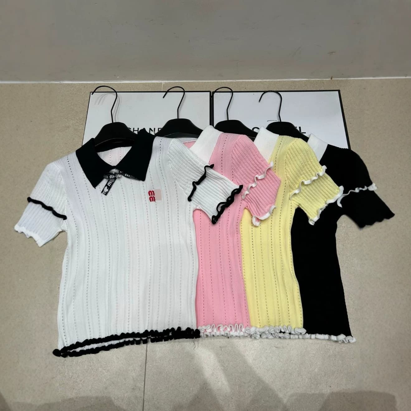 Trendy Brand Knitted m Letter Double-Layer Sleeve Turn-Down Collar Short-Sleeve Pullover Loose Versatile Top with Hollow Design, Summer New Style