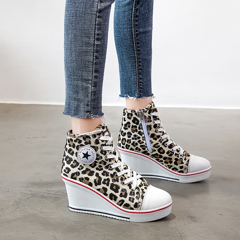 2021 New Korean Style High-Top Canvas Shoes for Women, Wedge Heel Casual Lace-Up Shoes, 8cm Height Increase Side Zipper Shoes