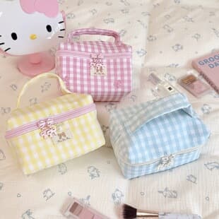 Fresh Korean-style Plaid Bow Handle Cosmetic Bag Portable Flip-top Large Capacity Toiletry Bag