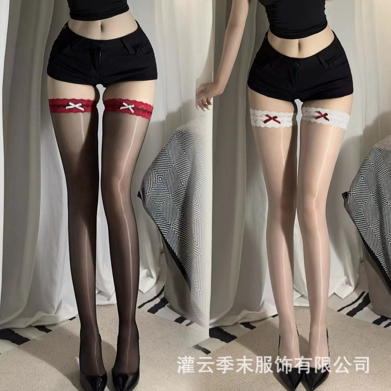 End of Season Aurora Ultra-Thin Lace Bow Color Block Half Knee-High Socks Glossy Thigh-High Stockings Lingerie Stockings for Women 7041
