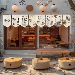 New Chinese Style Tea Room Tea House Triangle Flag Door Curtain Ancient Style Short Curtain Partition Curtain Door Header Half Hanging Curtain Hanging Flag Hanging Banner