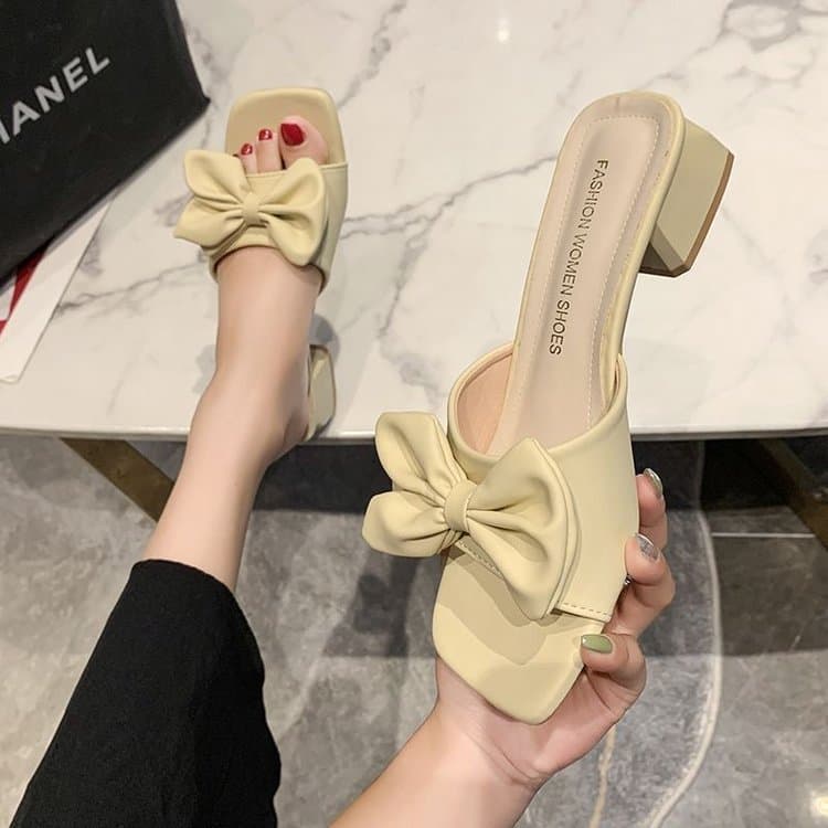 Plus Size Sandals 2024 Women's Fashion Trend Mid-Heel Thick-Heel Half-Slip Bow One-Slip-On Outwear Square-Toe Slippers