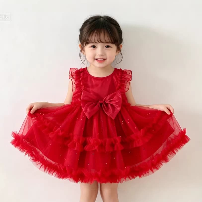 1837 Children's Clothing Wholesale Kids Party Dress with Butterfly Sleeves, Bow, Tulle Skirt, Layered Cake Dress for Festival Performance