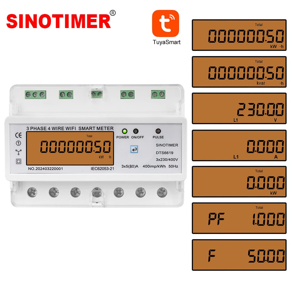 Three-Phase Smart WiFi Energy Meter AC380V with Graffiti App Remote Monitoring for Power, Current, Voltage, Power Factor, and Frequency