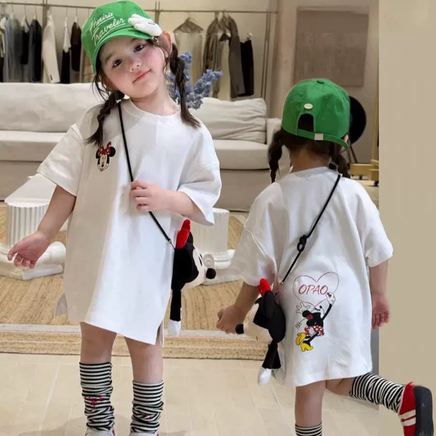 Girls Short Sleeve T-Shirt Dress Summer 2026 Minnie Pendant Dress Mickey Long Short Sleeve T-Shirt Dress