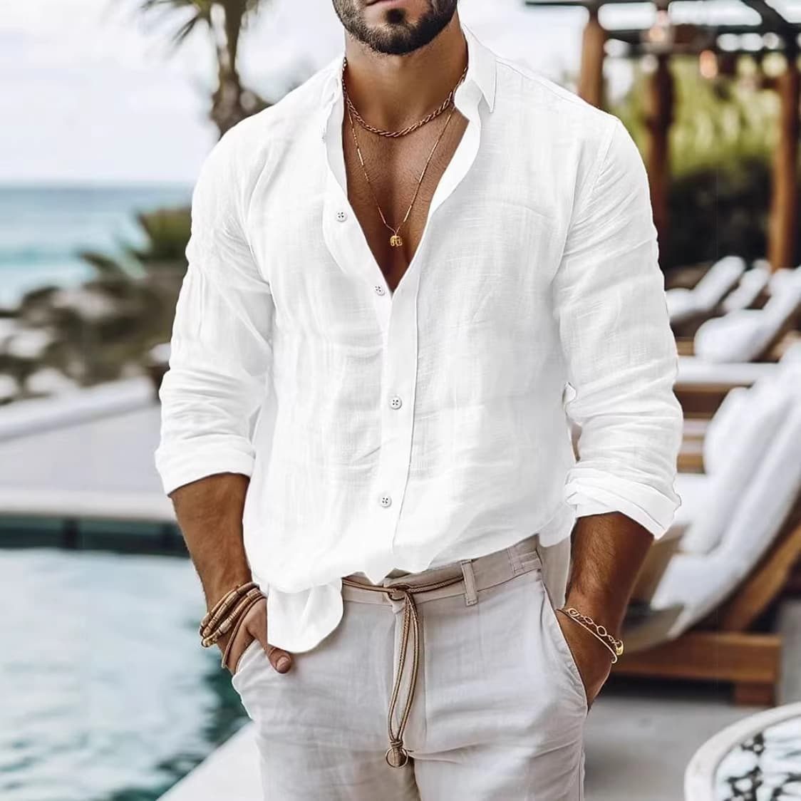 Light Mature Style Cotton and Linen Shirt for Men, Loose Casual Versatile Long-Sleeve Shirt, In-Stock, Breathable, Non-Iron Men's Shirt