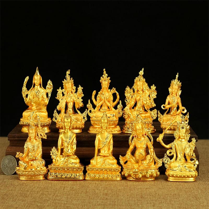 3-inch gold-plated Buddha statue, alloy Manjushri, four-armed Padmasambhava, white and green Tara, Vajra Buddha; 3.5-inch white Jambhala.