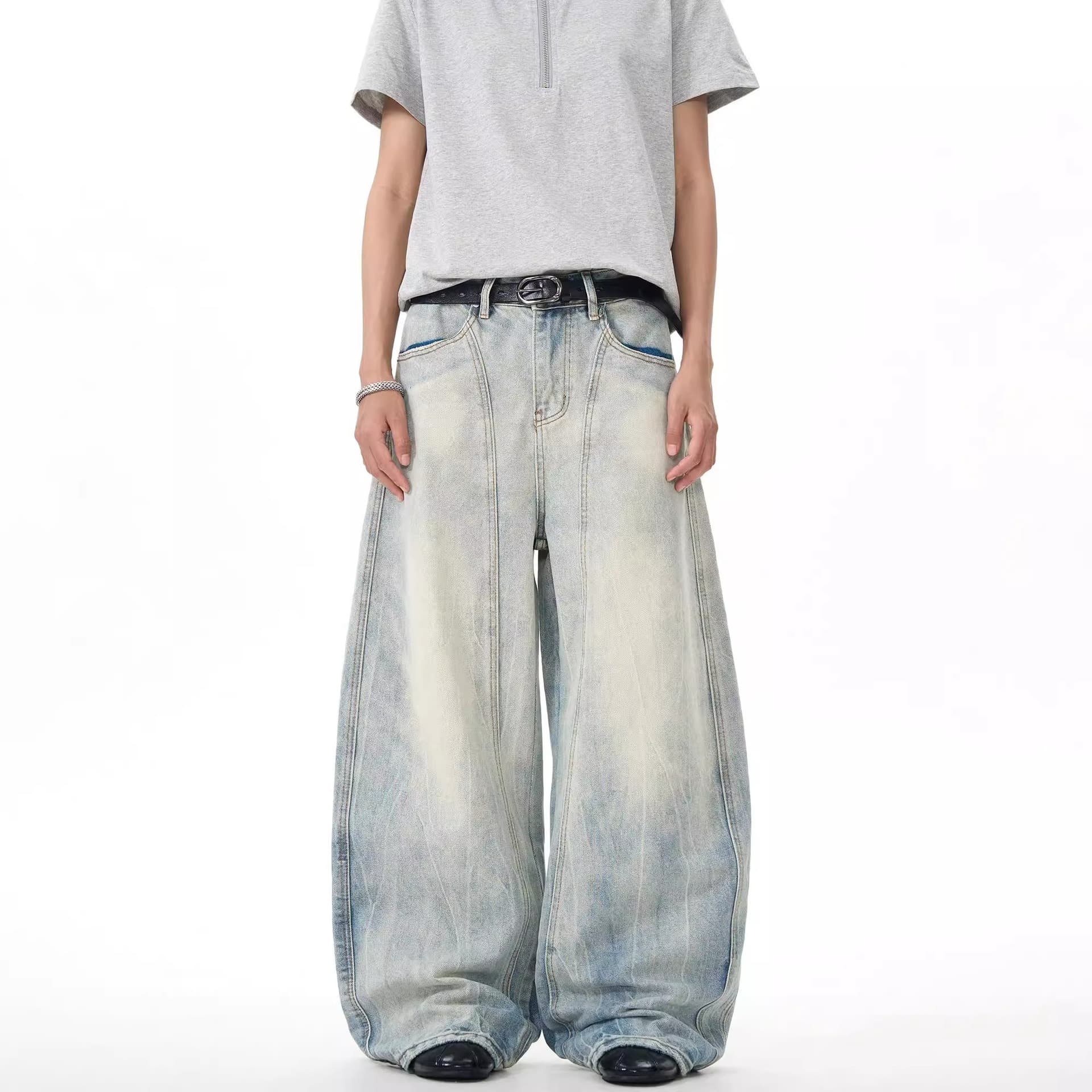 American Retro Washed Baggy Curved Wide Leg Jeans Summer New Loose Deconstructed Design Long Pants