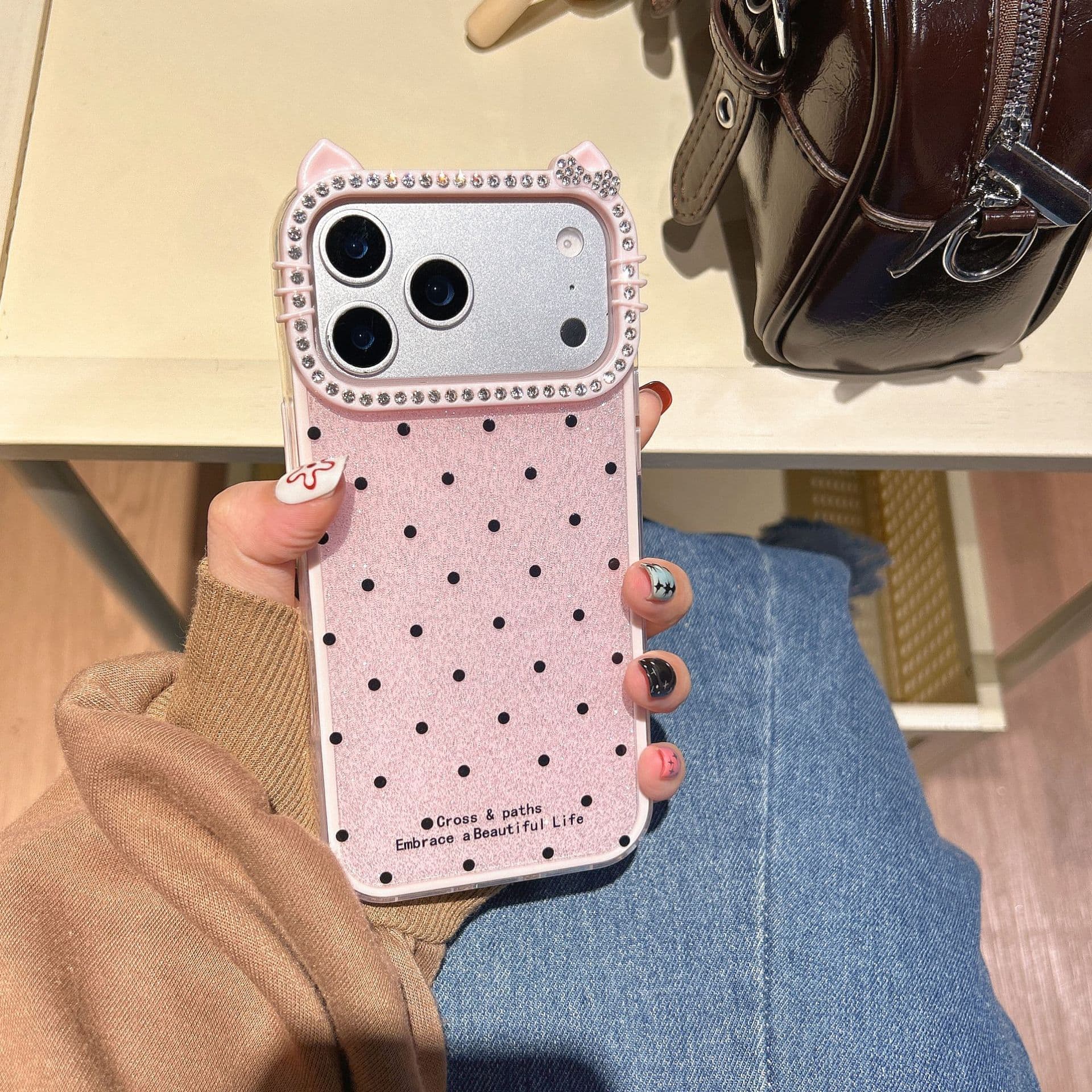 Korean glitter polka dots suitable for iPhone17promax mobile phone case with diamonds Apple 16pro cat ears 13/15