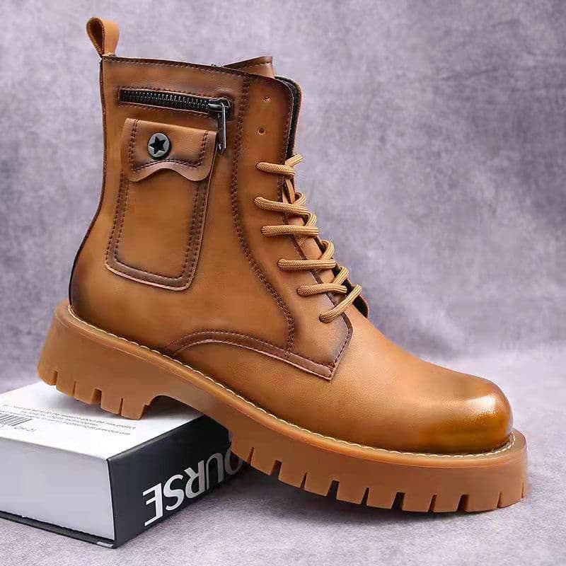New Autumn/Winter Fleece-Lined Martin Boots Men's High-Top Boots Mid-Top Ankle Boots Outdoor Boots Height-Increasing Mid-Calf Chelsea Boots