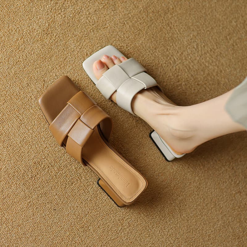 Square Toe Chunky Heel Sandals for Women, Genuine Leather 2024 Summer New Style, Soft Sheepskin Woven Mid-Low Heel Slippers