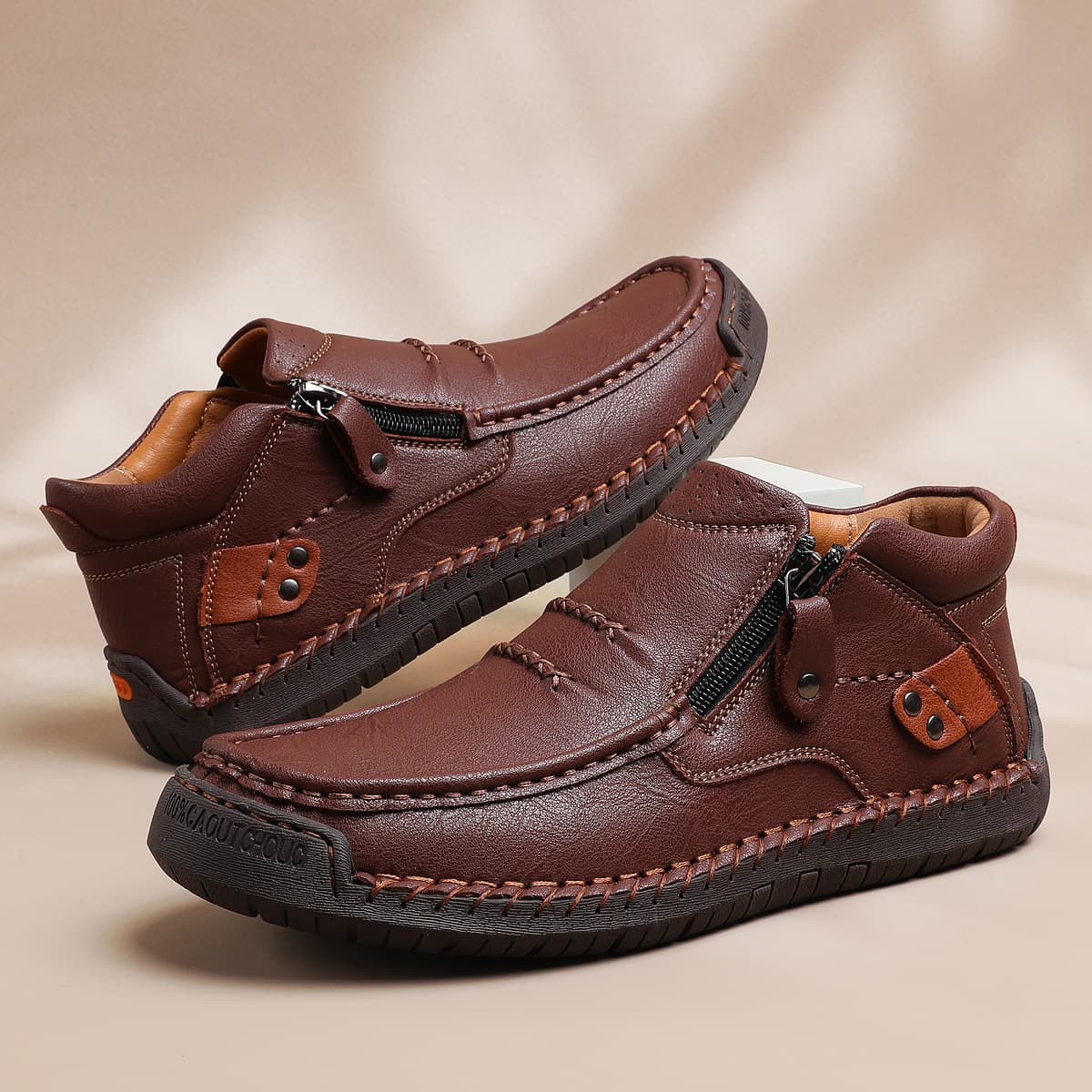 Cross-border Large Size Men's Shoes Outdoor Casual Slip-On Flat Sole Hand-Stitched Leather Shoes High-Top Large Size Martin Boots