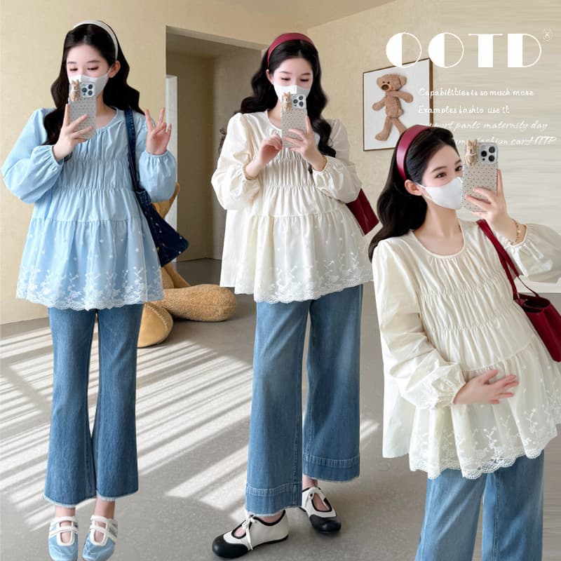 Maternity Autumn French New Arrival Versatile Temperament Sweet Lace Spliced Peter Pan Blouse Loose Shirt Maternity Top for Women