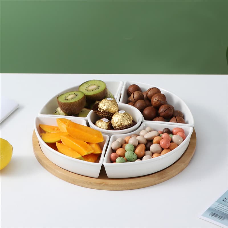 Creative Ceramic Fruit Snack Plate Fan-Shaped Divided Tray Set Ins Style Candy Dried Fruit Plate with Bamboo Tray