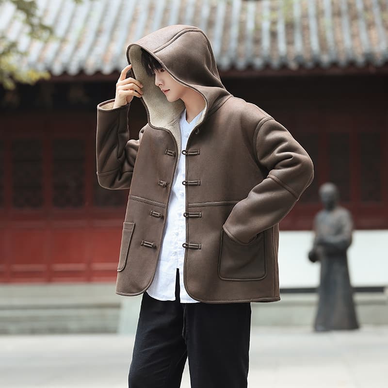 2025 Winter New Style Shearling Jacket, Chinese Style Hooded Cotton-padded Jacket, Men's Lambswool Warm Outerwear Cotton-padded Coat