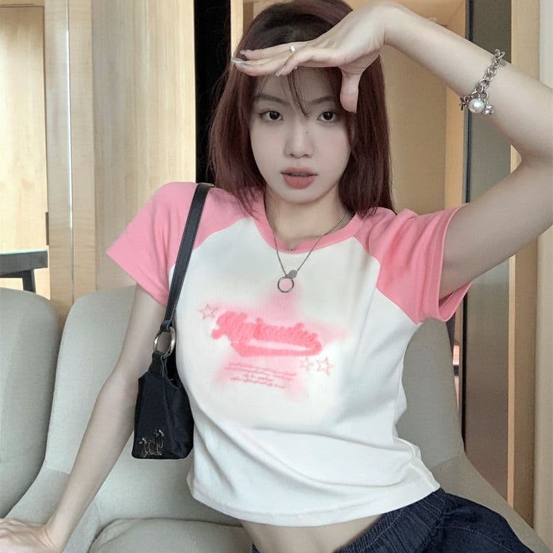 Sweet and Spicy Girl Heart Letter Shoulder-Pad T-Shirt Women's Summer New Slim Short Crop Top Waist-Baring Slimming Short Sleeve Top Trendy