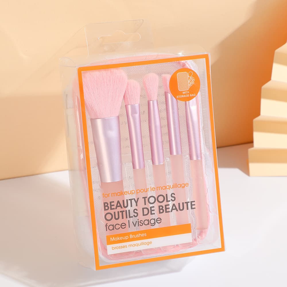 Candy Color Mini Soft Brush 5-Piece Makeup Brush Set, Travel Portable Mesh Bag Brush Kit for Beginners