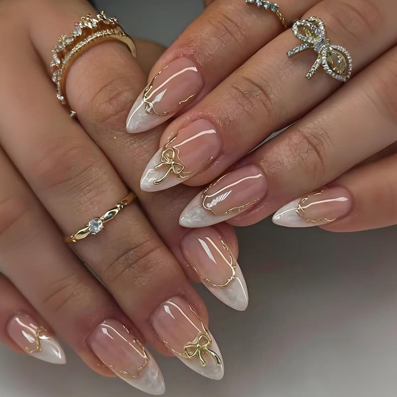 French Elegant Bow Wearable Nail Tips Almond Gold Edge Line Nails Wholesale Nails