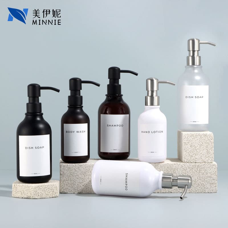 500ml hand sanitizer dispenser with black stainless steel pump and frosted finish; 300ml shampoo empty bottles.
