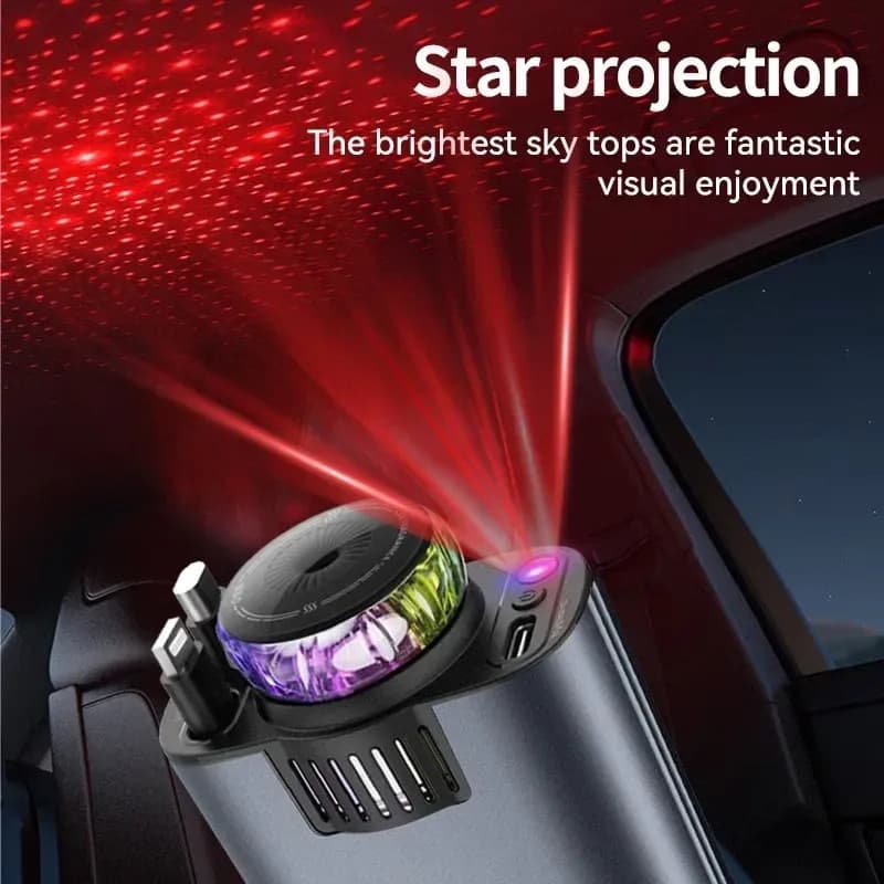 2025 New Model D1 Aromatherapy Car Charger with Starry Sky Design, One-To-Four Retractable Cable Pd Car Charger with Multiple Ports and Built-In Cable