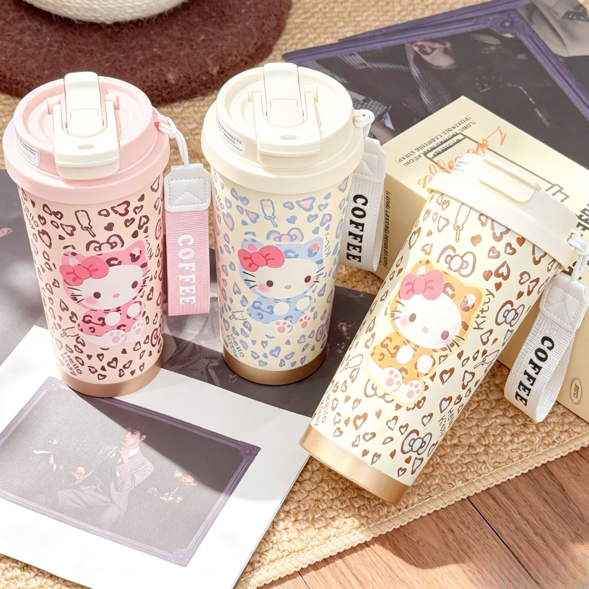 Cute Leopard Print Cat Thermos Cup 316 Stainless Steel Large Capacity Straw Water Bottle Car Coffee Cup Women Cartoon Dual Drinking