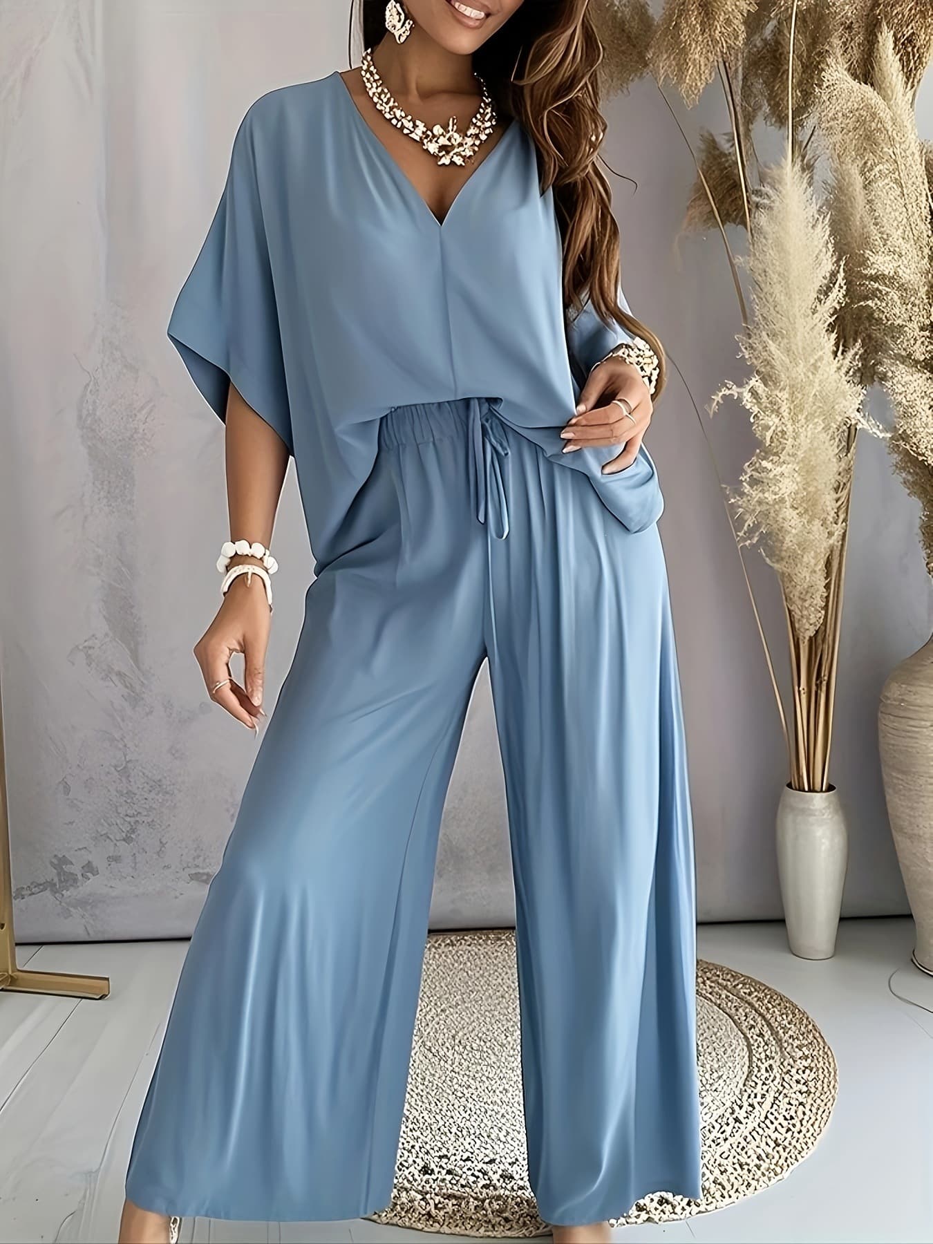 A 54473 V Neck Batwing Sleeve Top Tie Pants Set