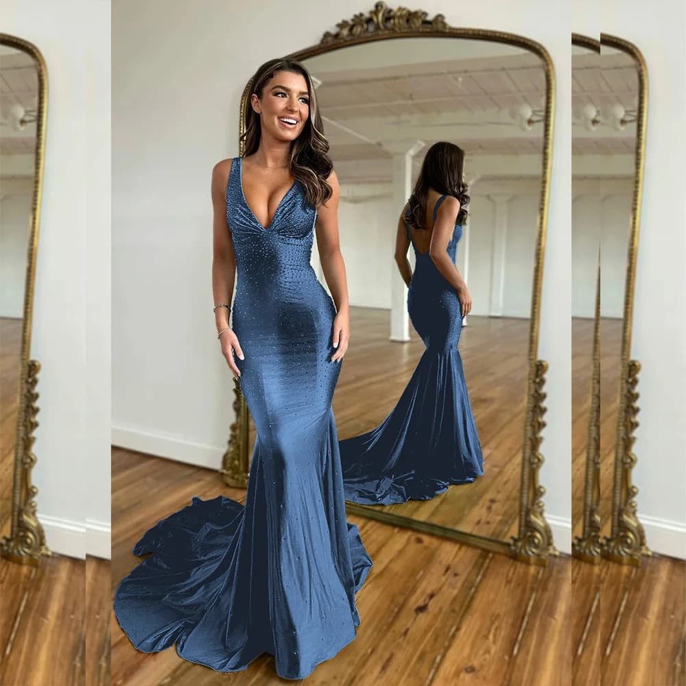 Foreign trade V-neck slim-fitting evening dress slimming waist banquet host fishtail skirt trailing light luxury temperament long dress