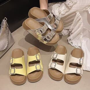 Trendy Summer 3.5cm Thick-Sole Double Rhinestone Buckle Slide Sandals, Non-Slip, Chanel-Style Women's Shoes