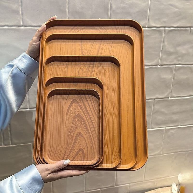 Ins-Style Wood Grain Tray Rectangular Tray Plastic Cup Holder Dinner Plate for Home Kindergarten Fruit Plate Tea Cup Plate