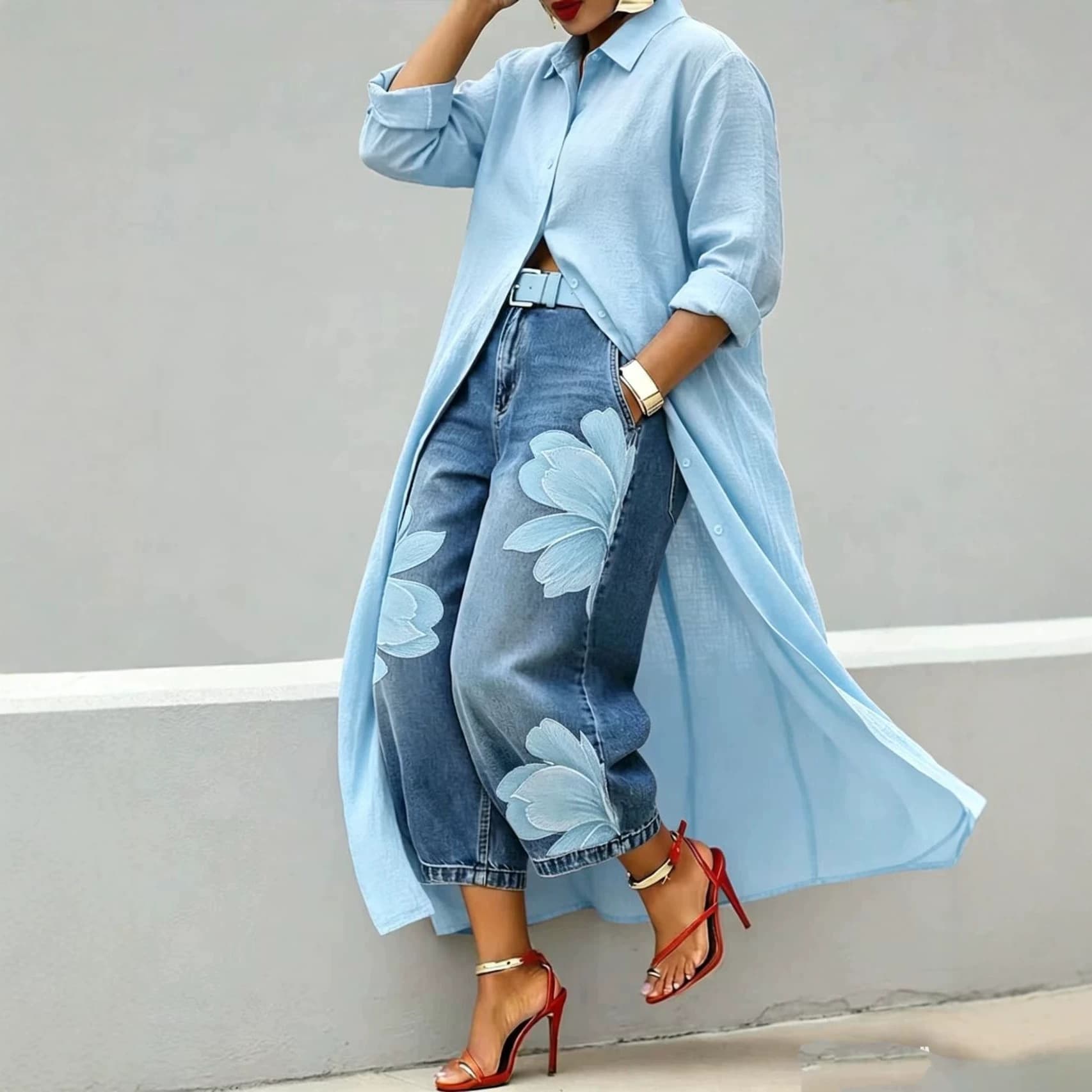 2026 New European and American Cross-Border Amazon Imitation Denim Print Loose Jeans Comfortable Versatile Wide-Leg Long Pants for Women